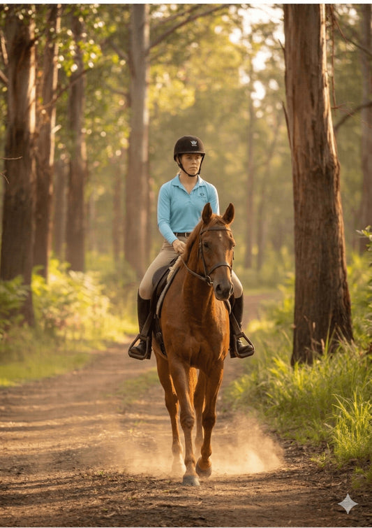 Woman horse rider on an Australian bush trail wearing a black helmet and blue long-sleeved shirt with a Helmet Brim sun shade visor for UPF50+ sun protection