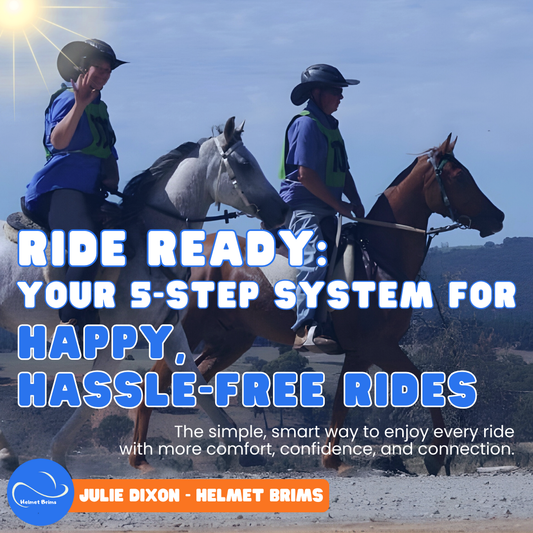 Two people riding horses with text overlay about a 5-step system for happy, hassle-free rides.