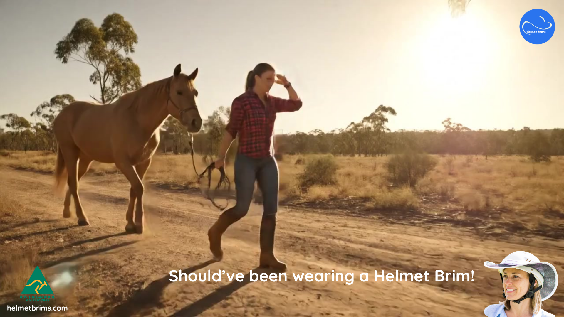 Load video: Should&#39;ve been wearing a Helmet Brim - video showing woman leading horse down dusty country road, sun on face, no shade.